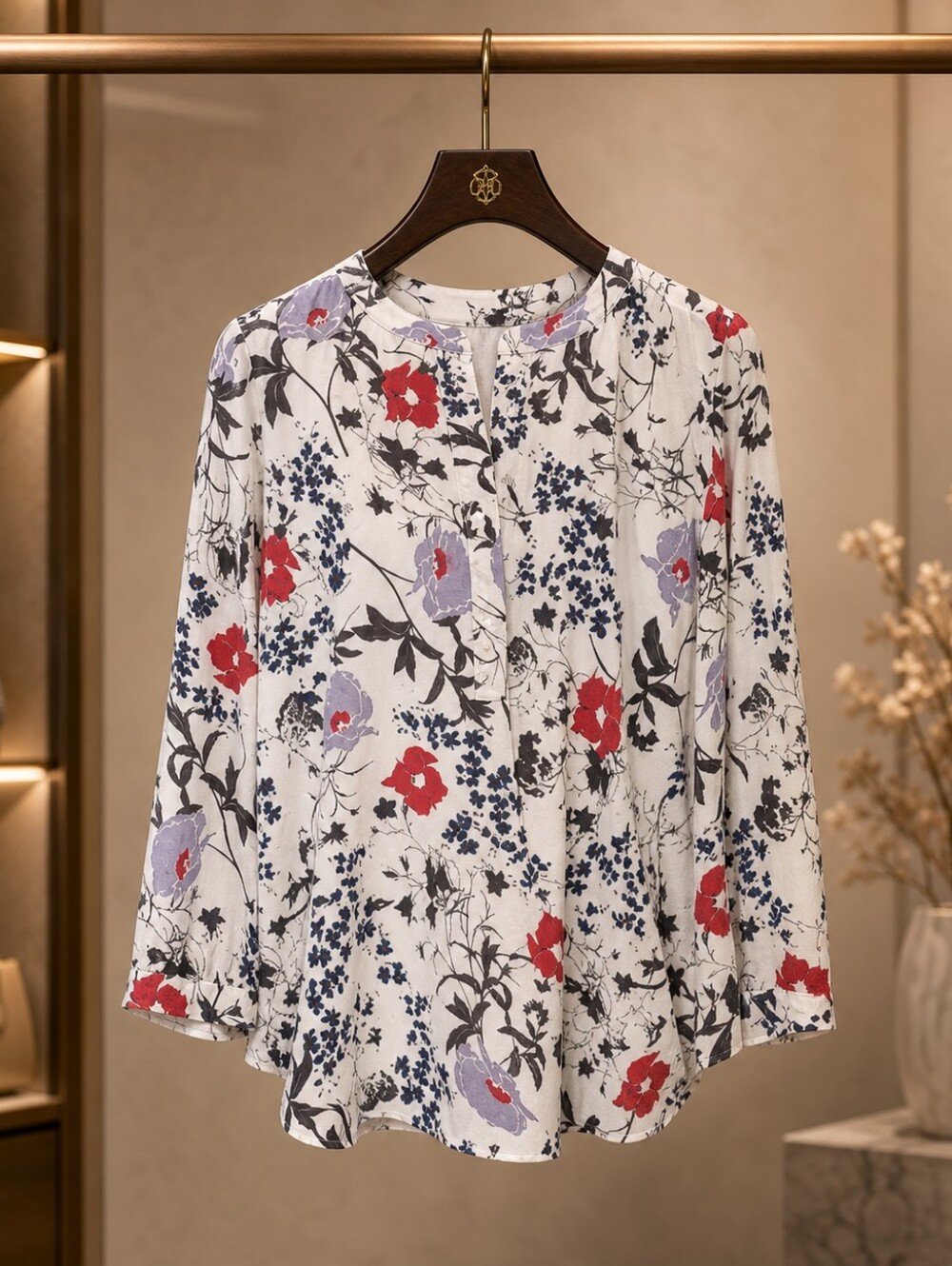 Kenar Red Mauve, Black, Navy Blouse with Mandarin Collar